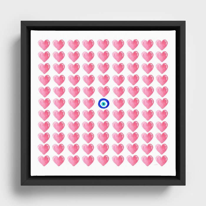 Pink Hearts & Evil Eye Watercolor Framed Canvas