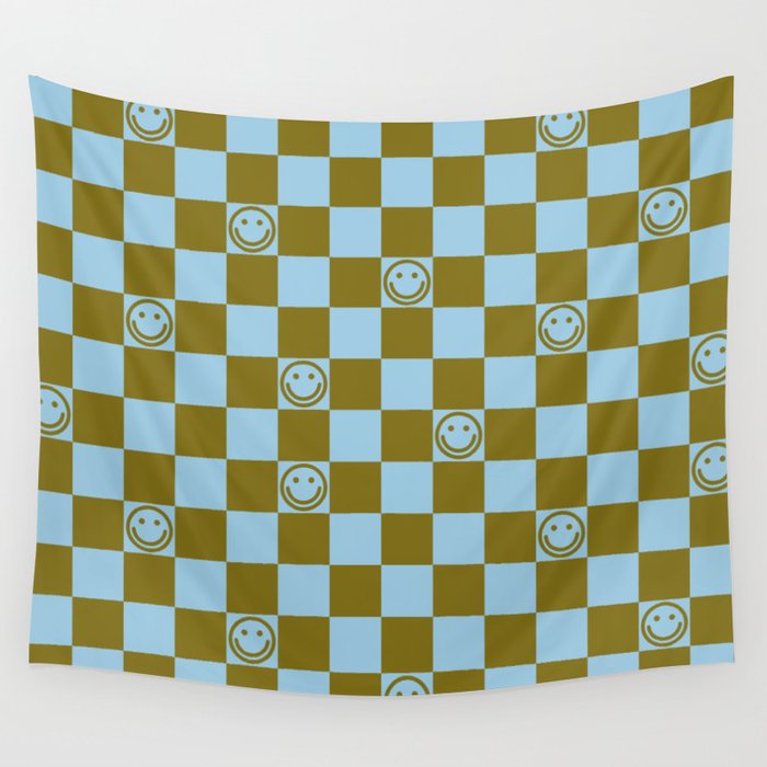 Checkered Smiley Faces \\ Autumn Grass Color & Pastel Blue Wall Tapestry