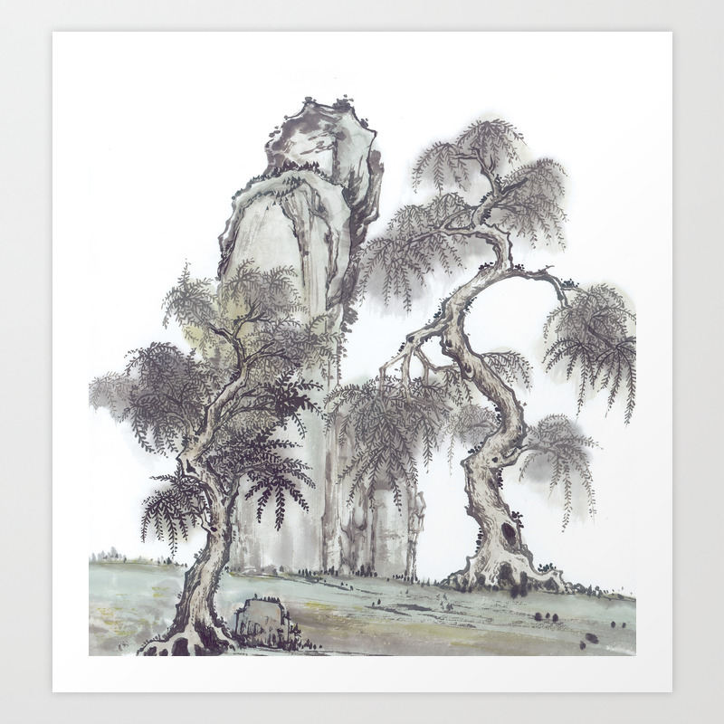 Chinese Ink And Brush Painting Of Trees And Mountains Art Print By
