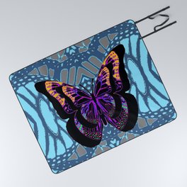 BLACK FANTASY BUTTERFLY on blue abstract pattern Picnic Blanket