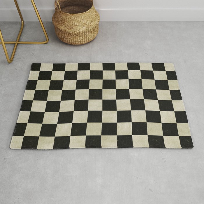 Distressed Black and White Checkerboard Pattern Rug