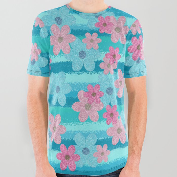 Pastel Flowers on Blue Striped Background All Over Graphic Tee