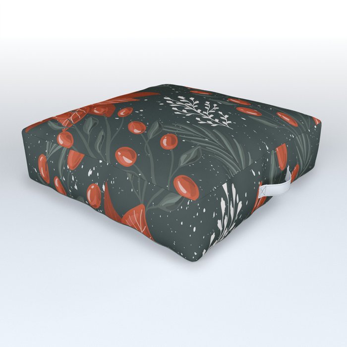 Ponsietta And Red Winter Berries Outdoor Floor Cushion