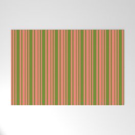 [ Thumbnail: Salmon and Green Colored Lines Pattern Welcome Mat ]