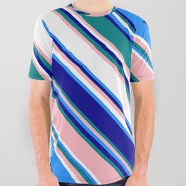 [ Thumbnail: Colorful Blue, Dark Blue, Teal, Light Pink, and White Colored Lines Pattern All Over Graphic Tee ]