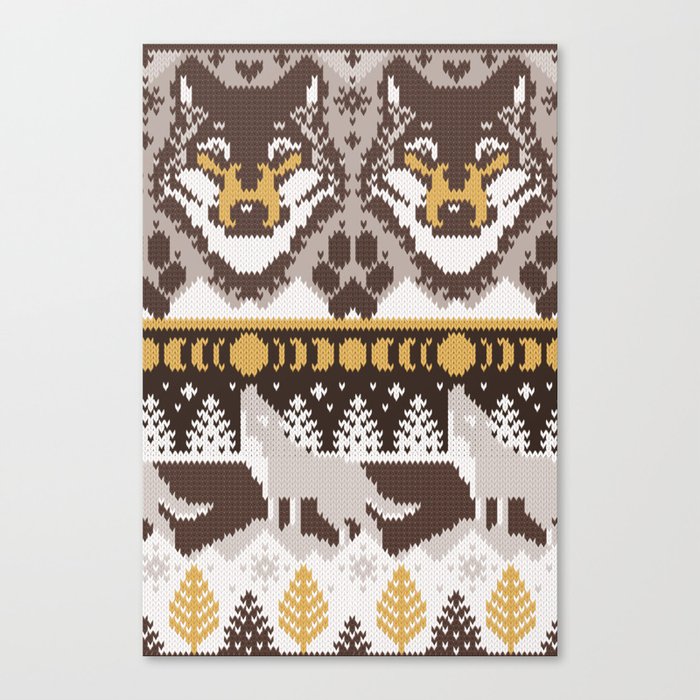 Fair isle knitting grey wolf // oak and taupe brown wolves yellow moons and pine trees Canvas Print
