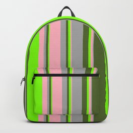 [ Thumbnail: Light Pink, Dark Grey, Dark Olive Green, and Chartreuse Colored Lines/Stripes Pattern Backpack ]