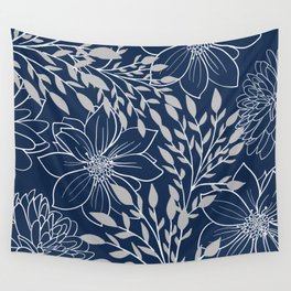Festive, Floral Prints and Leaves, Line Art, Navy Blue and Gray Wall Tapestry