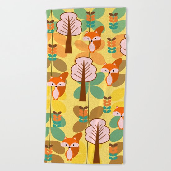 Foxes in the forest Beach Towel