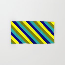 [ Thumbnail: Yellow, Green, Light Sea Green, and Blue Colored Striped Pattern Hand & Bath Towel ]