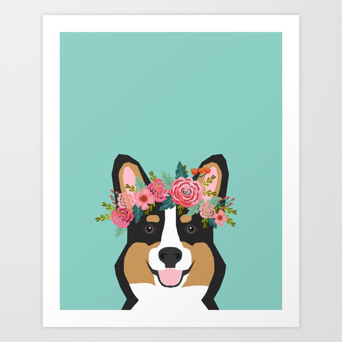 Tri Corgi Portrait Dog With Flower Crown Cute Corgi Dog Art Print By Corgicrew Society6