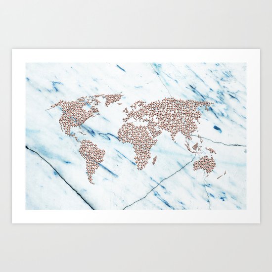 Rosegold Stars on Blue Marble World Map Art Print