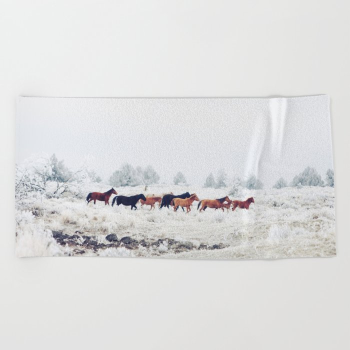 Winter Horse Herd Beach Towel