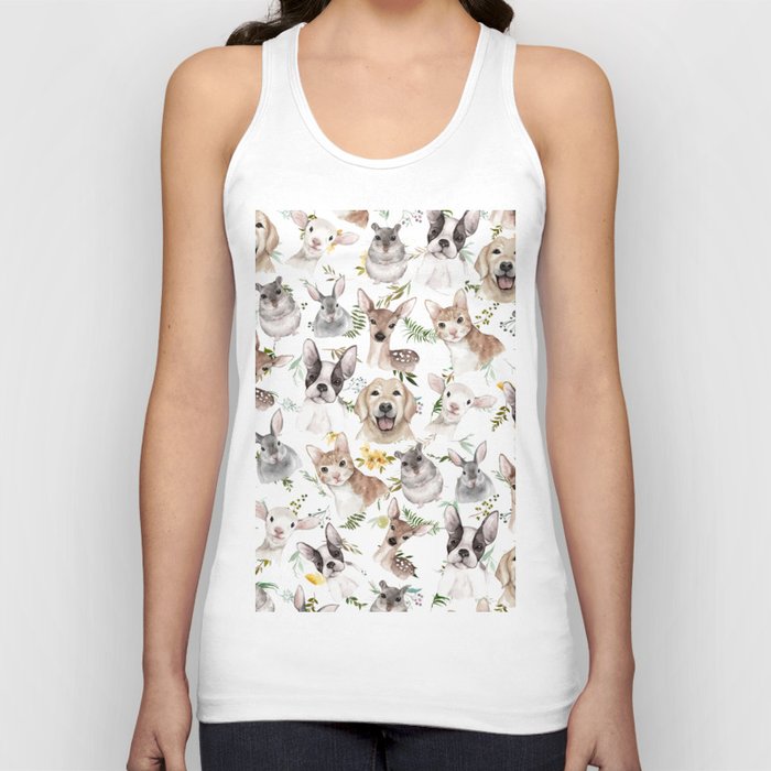 Watercolor black white brown forest animals green foliage floral  Tank Top