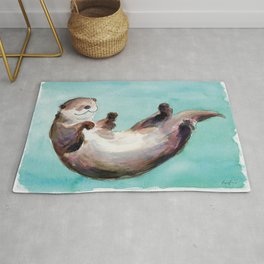 Swimming otter watercolor Rug