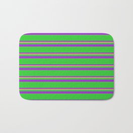 [ Thumbnail: Lime Green, Dark Orchid, and Dark Salmon Colored Lines/Stripes Pattern Bath Mat ]