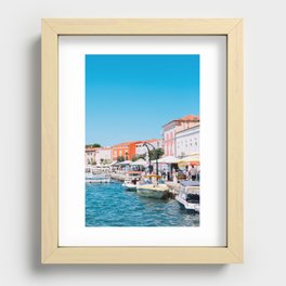 Harbour with blue sea and orange houses Recessed Framed Print