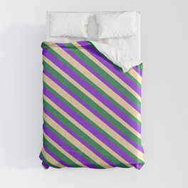 [ Thumbnail: Sea Green, Purple & Beige Colored Striped/Lined Pattern Duvet Cover ]