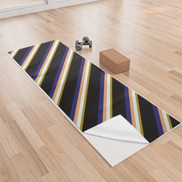 [ Thumbnail: Vibrant Dark Goldenrod, Light Cyan, Brown, Midnight Blue & Black Colored Stripes/Lines Pattern Yoga Towel ]