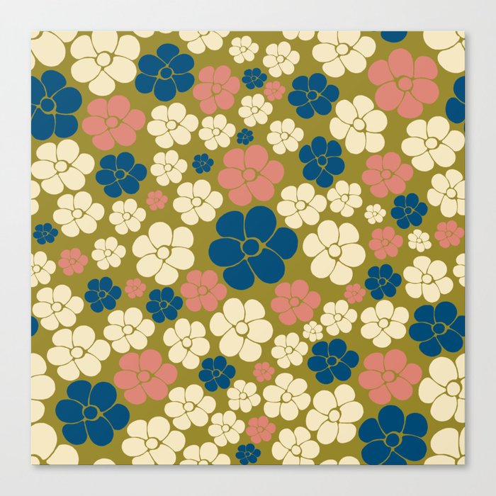 Flower Pattern - Blue, Olive Green, Pink and Cream  Canvas Print