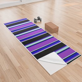 [ Thumbnail: Dark Orchid, Turquoise, Black, and Blue Colored Striped/Lined Pattern Yoga Towel ]