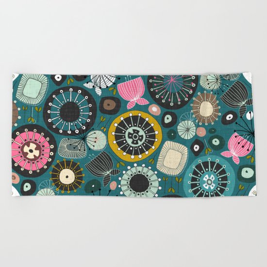 blooms teal Beach Towel