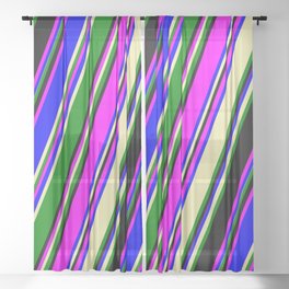 [ Thumbnail: Eye-catching Fuchsia, Blue, Pale Goldenrod, Green, and Black Colored Pattern of Stripes Sheer Curtain ]