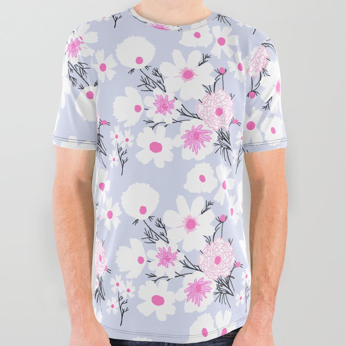 Retro Modern Spring Wildflowers Pastel Blue All Over Graphic Tee