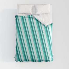 [ Thumbnail: Teal, Turquoise, and Light Cyan Colored Stripes Pattern Comforter ]