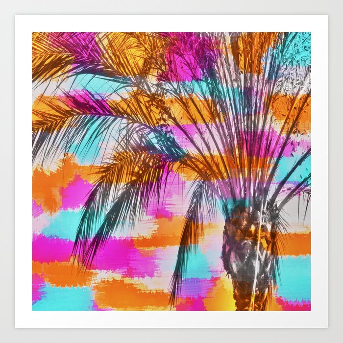 Palm Tree With Colorful Painting Abstract Background In Pink