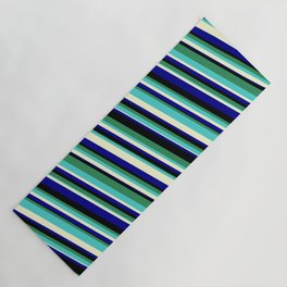 [ Thumbnail: Eyecatching Sea Green, Turquoise, Light Yellow, Dark Blue, and Black Colored Stripes/Lines Pattern Yoga Mat ]