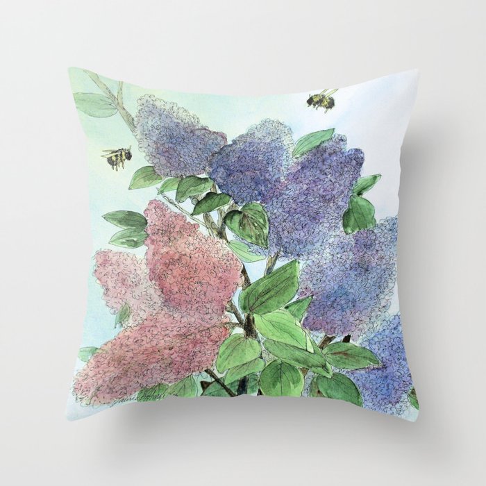 Lilacs and Bees Watercolor Painting Throw Pillow