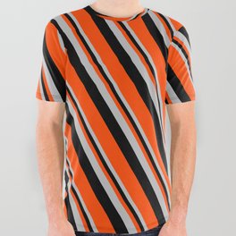 [ Thumbnail: Grey, Black & Red Colored Lined Pattern All Over Graphic Tee ]