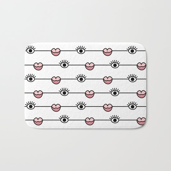 Funky Graphic Lips and Eyes Pattern Black, Pink, White Bath Mat