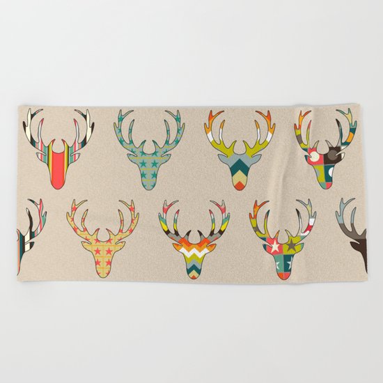 retro deer head on linen Beach Towel