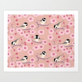 Cherry Blossom Chickadees Art Print