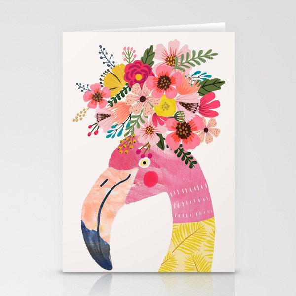 Pink flamingo with flowers on head Stationery Cards