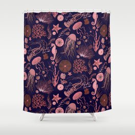 Coral on Navy Sea Life Shower Curtain