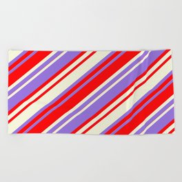[ Thumbnail: Purple, Red, and Beige Colored Striped Pattern Beach Towel ]