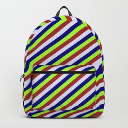 [ Thumbnail: Light Green, Brown, Lavender & Blue Colored Stripes/Lines Pattern Backpack ]