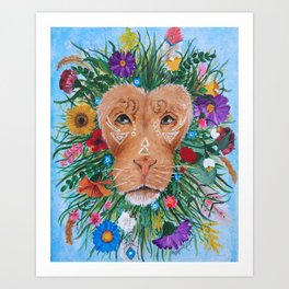 Harmony Art Print | Lion, Painting, Flowers, Acrylic, Tribal 