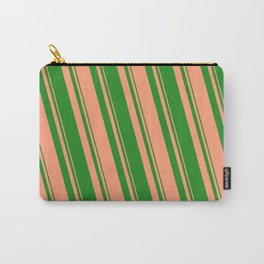 [ Thumbnail: Forest Green & Light Salmon Colored Lined/Striped Pattern Carry-All Pouch ]
