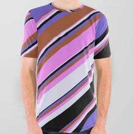 [ Thumbnail: Vibrant Violet, Lavender, Black, Slate Blue, and Sienna Colored Lines/Stripes Pattern All Over Graphic Tee ]
