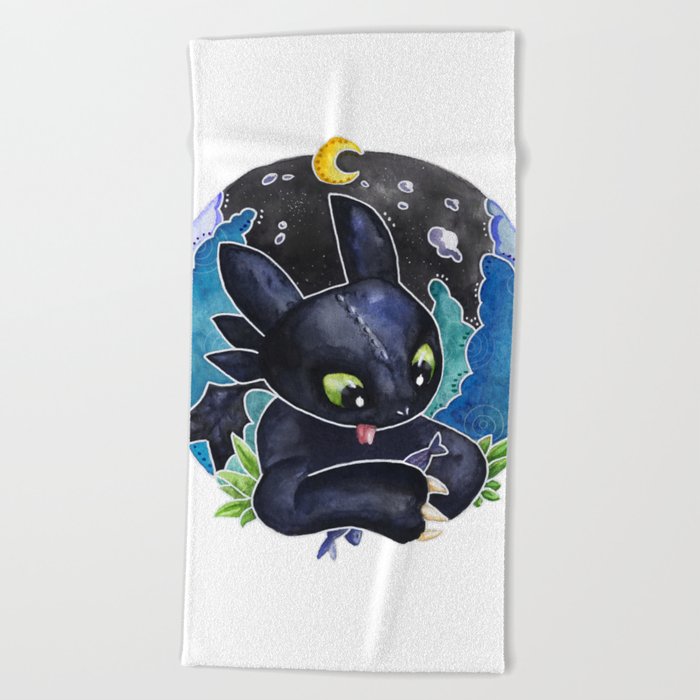 Baby Toothless Night Fury Dragon  Watercolor white bg Beach Towel