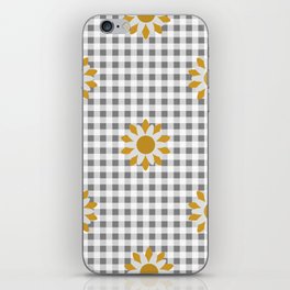 Gray Beige Colored Checker Board Effect Grid Illustration with Yellow Mustard Daisy Flowers iPhone Skin