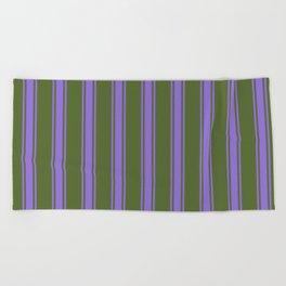 [ Thumbnail: Dark Olive Green and Purple Colored Lines Pattern Beach Towel ]