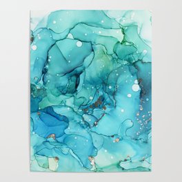 Teal Chrome Flowing Abstract Ink Poster