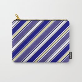 [ Thumbnail: Dark Slate Blue, Pale Goldenrod, Blue & White Colored Lines Pattern Carry-All Pouch ]