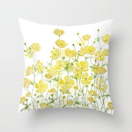 yellow buttercup flowers filed watercolor  Throw Pillow