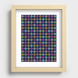 Pixel art - bright multi-coloured cross check on navy blue Recessed Framed Print